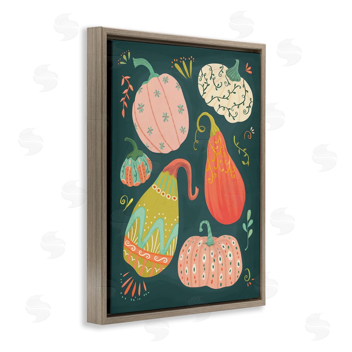 Patterned Autumn Gourds Brown Floating Frame Canvas Wall Art, Home Decor by Laura Watson