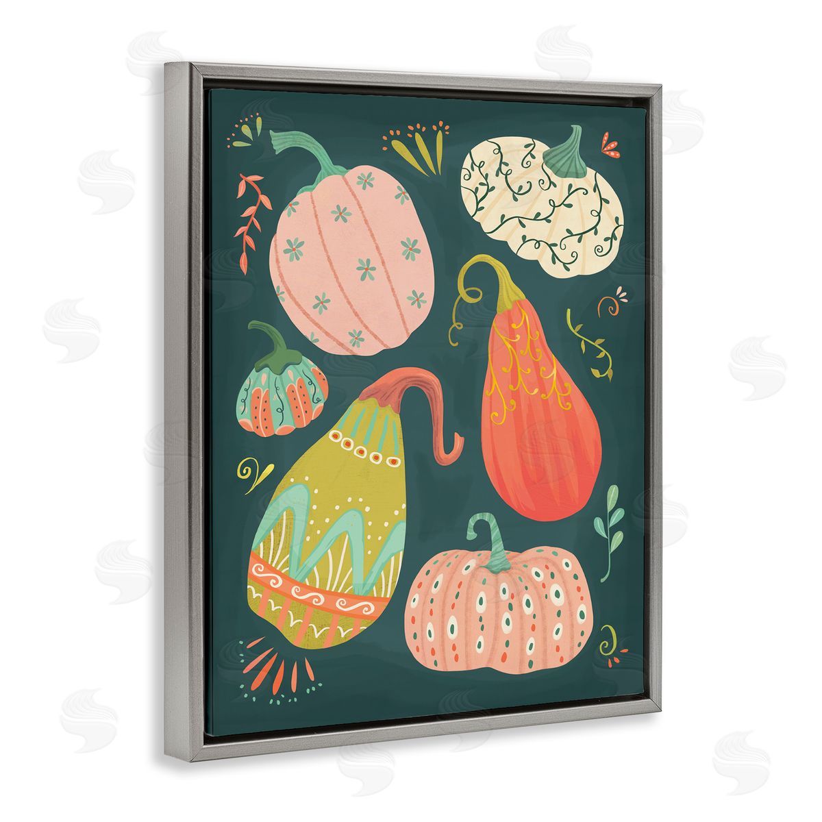 Patterned Autumn Gourds Grey Floating Frame Canvas Wall Art, Home Decor by Laura Watson