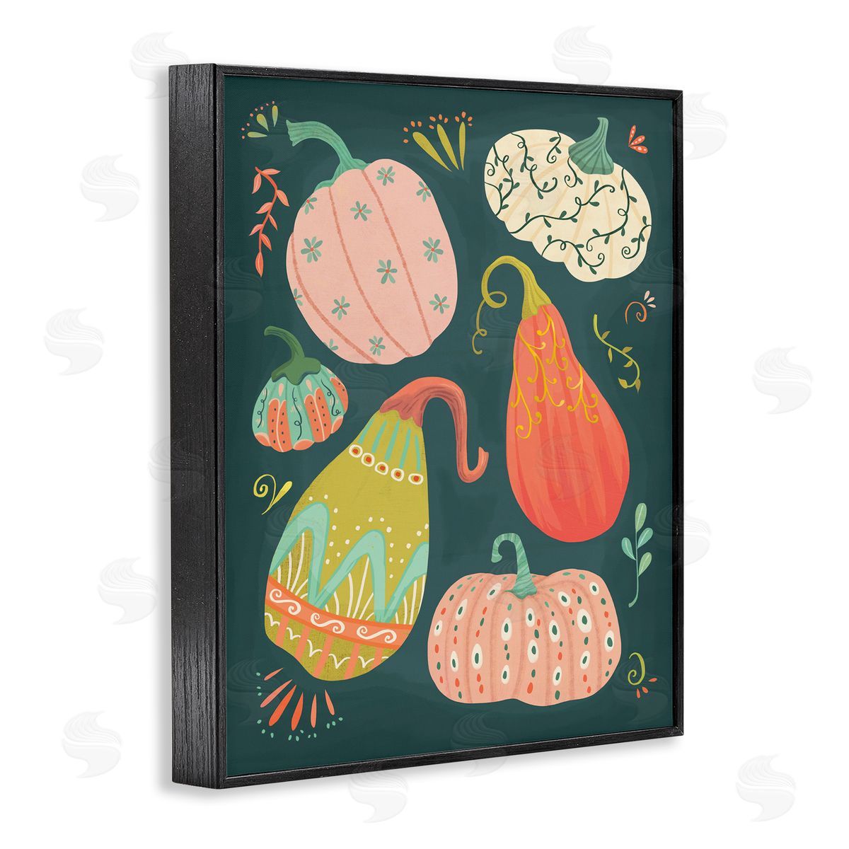 Patterned Autumn Gourds Black Frame Print Wall Art, Home Decor by Laura Watson