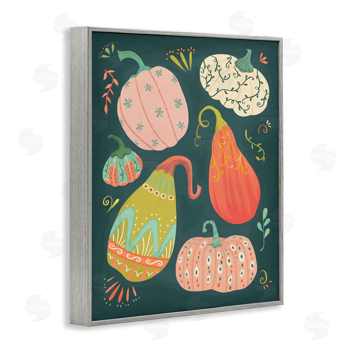 Patterned Autumn Gourds Grey Frame Print Wall Art, Home Decor by Laura Watson