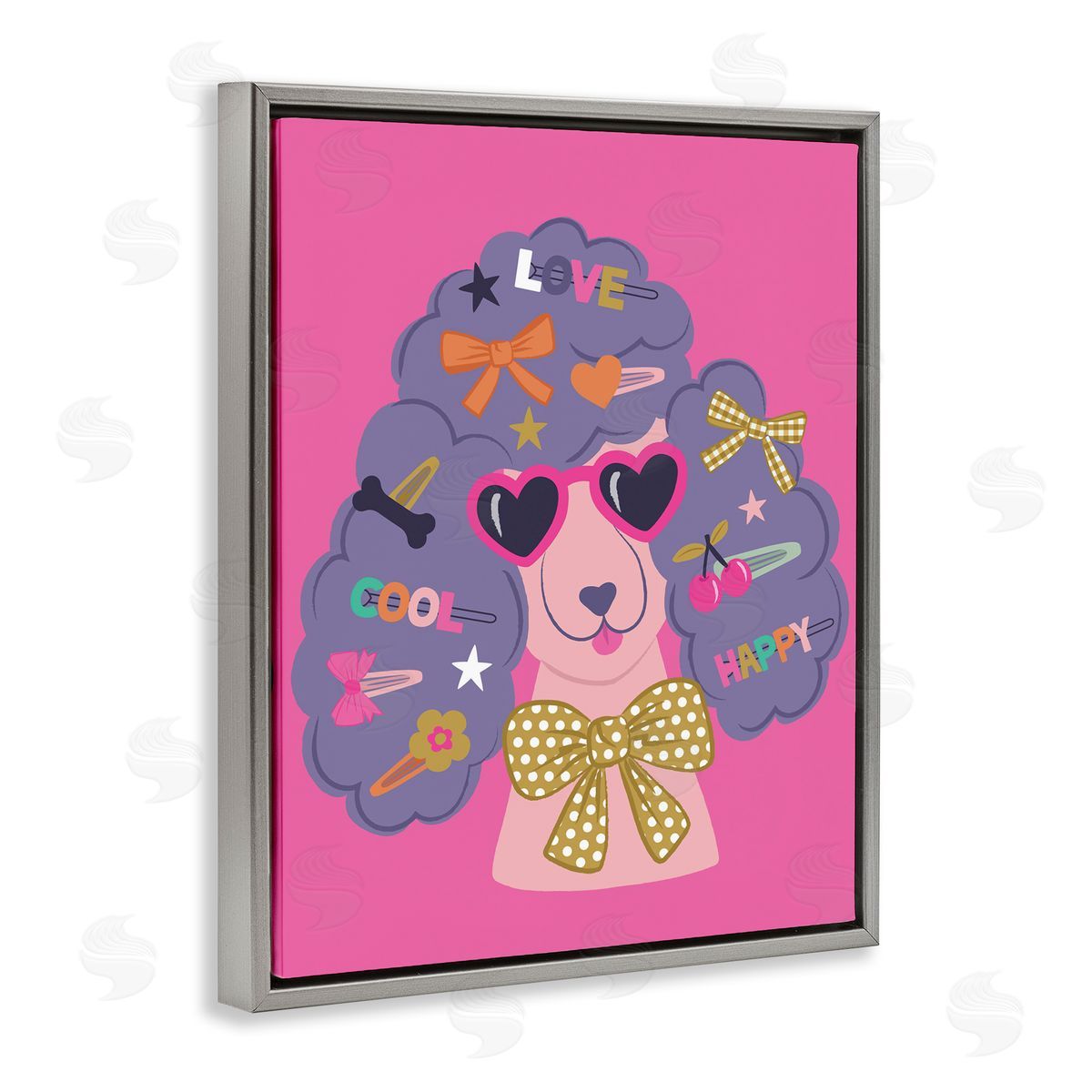 Poodle with Hair Baubles Grey Floating Frame Canvas Wall Art, Home Decor by Lisa Perry Whitebutton