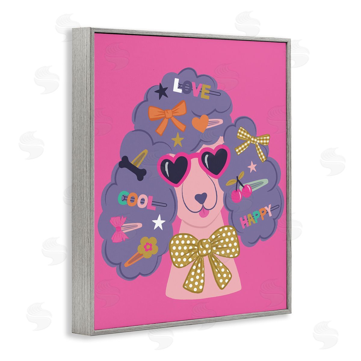 Poodle with Hair Baubles Grey Frame Print Wall Art, Home Decor by Lisa Perry Whitebutton
