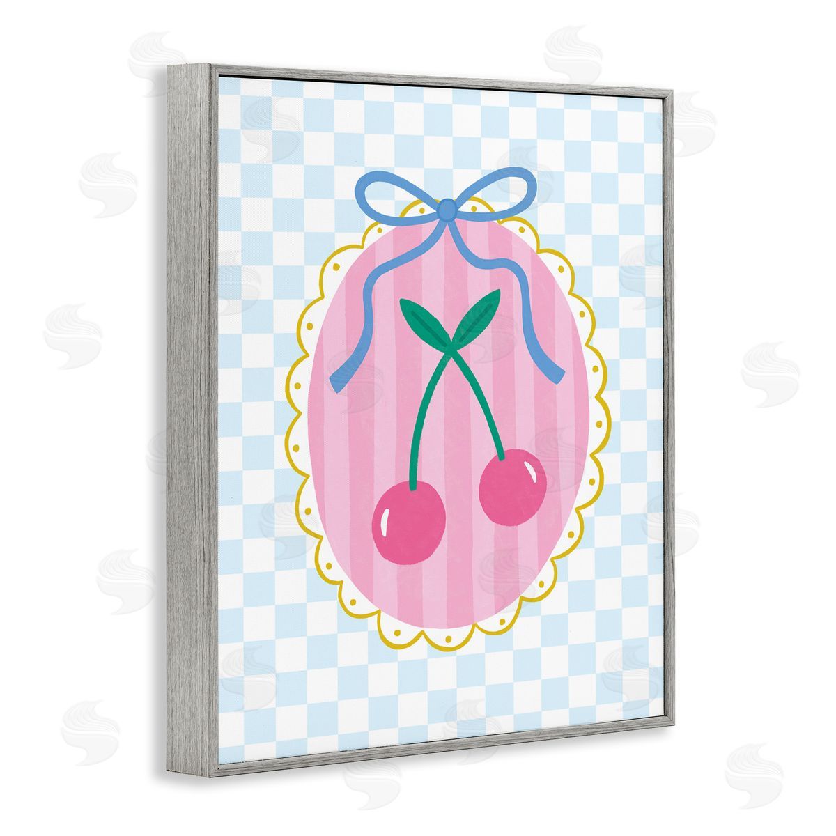 Sweet Cherries on Checkered Grey Frame Print Wall Art, Home Decor by Nina Seven