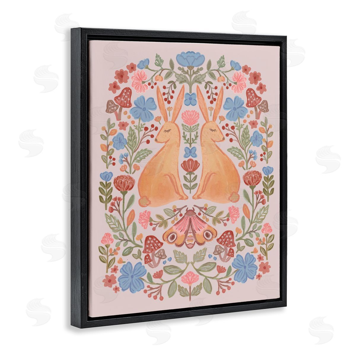 Autumnal Folk Rabbits Black Floating Frame Canvas Wall Art, Home Decor by Nina Muis Surface Design