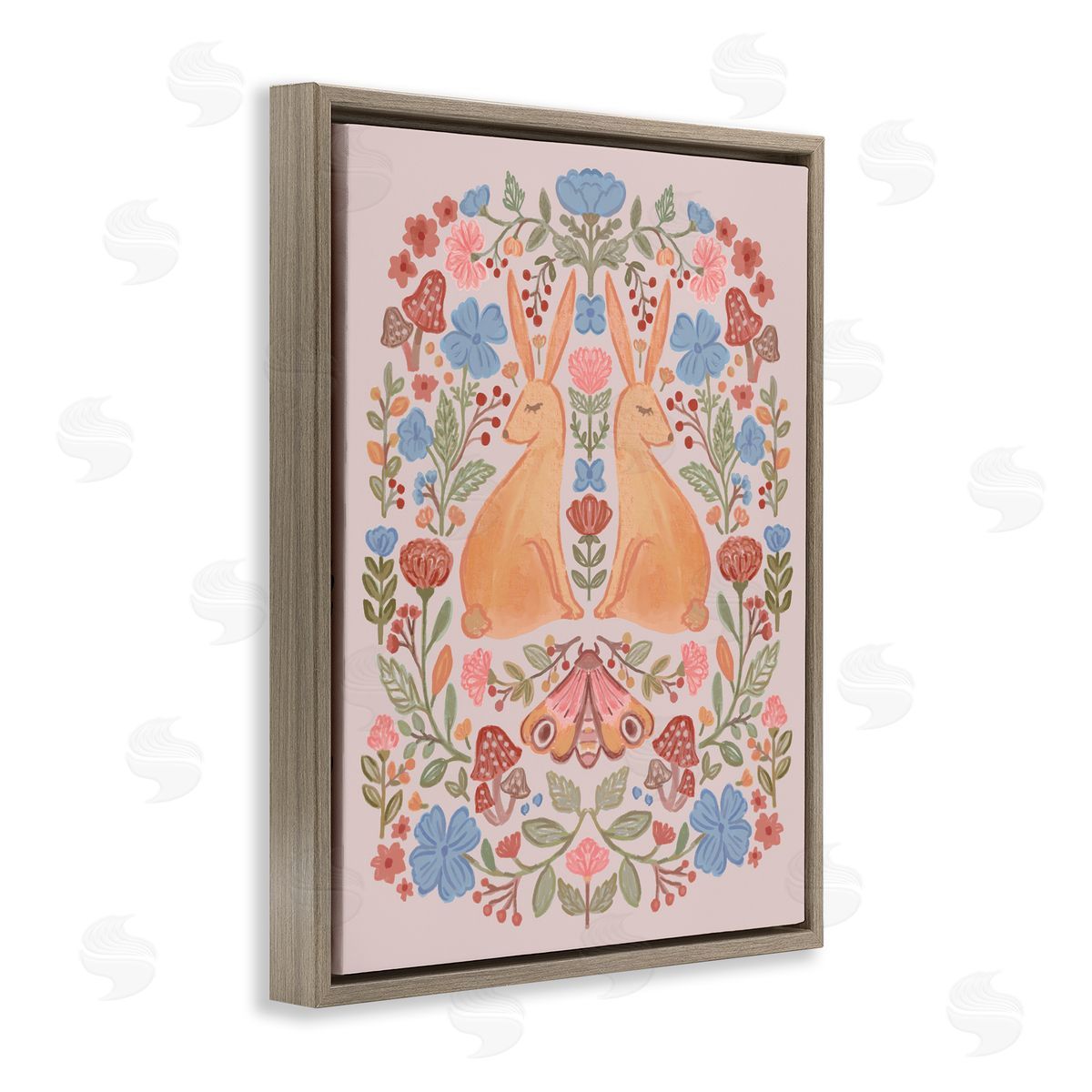 Autumnal Folk Rabbits Brown Floating Frame Canvas Wall Art, Home Decor by Nina Muis Surface Design