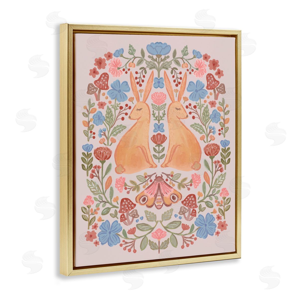 Autumnal Folk Rabbits Gold Floating Frame Canvas Wall Art, Home Decor by Nina Muis Surface Design