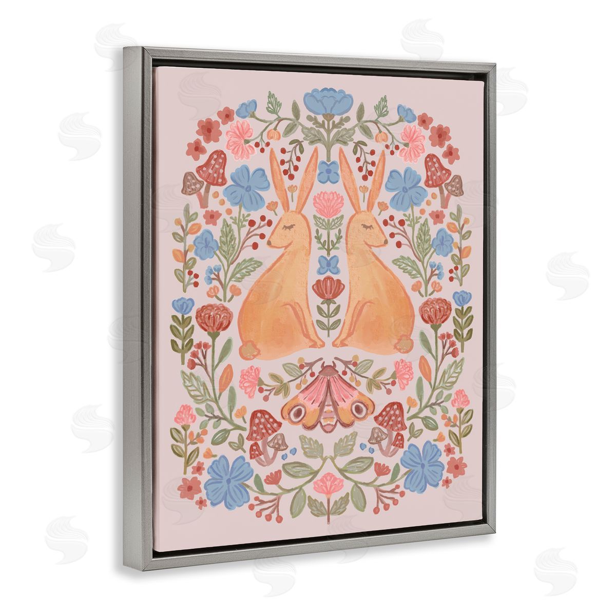 Autumnal Folk Rabbits Grey Floating Frame Canvas Wall Art, Home Decor by Nina Muis Surface Design
