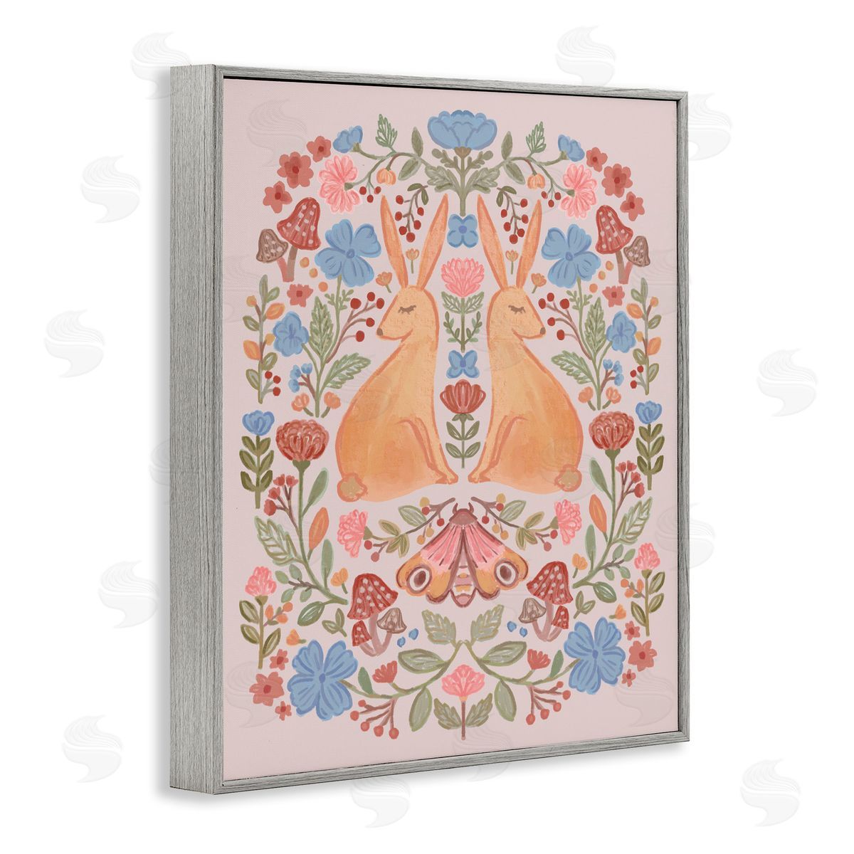 Autumnal Folk Rabbits Grey Frame Print Wall Art, Home Decor by Nina Muis Surface Design
