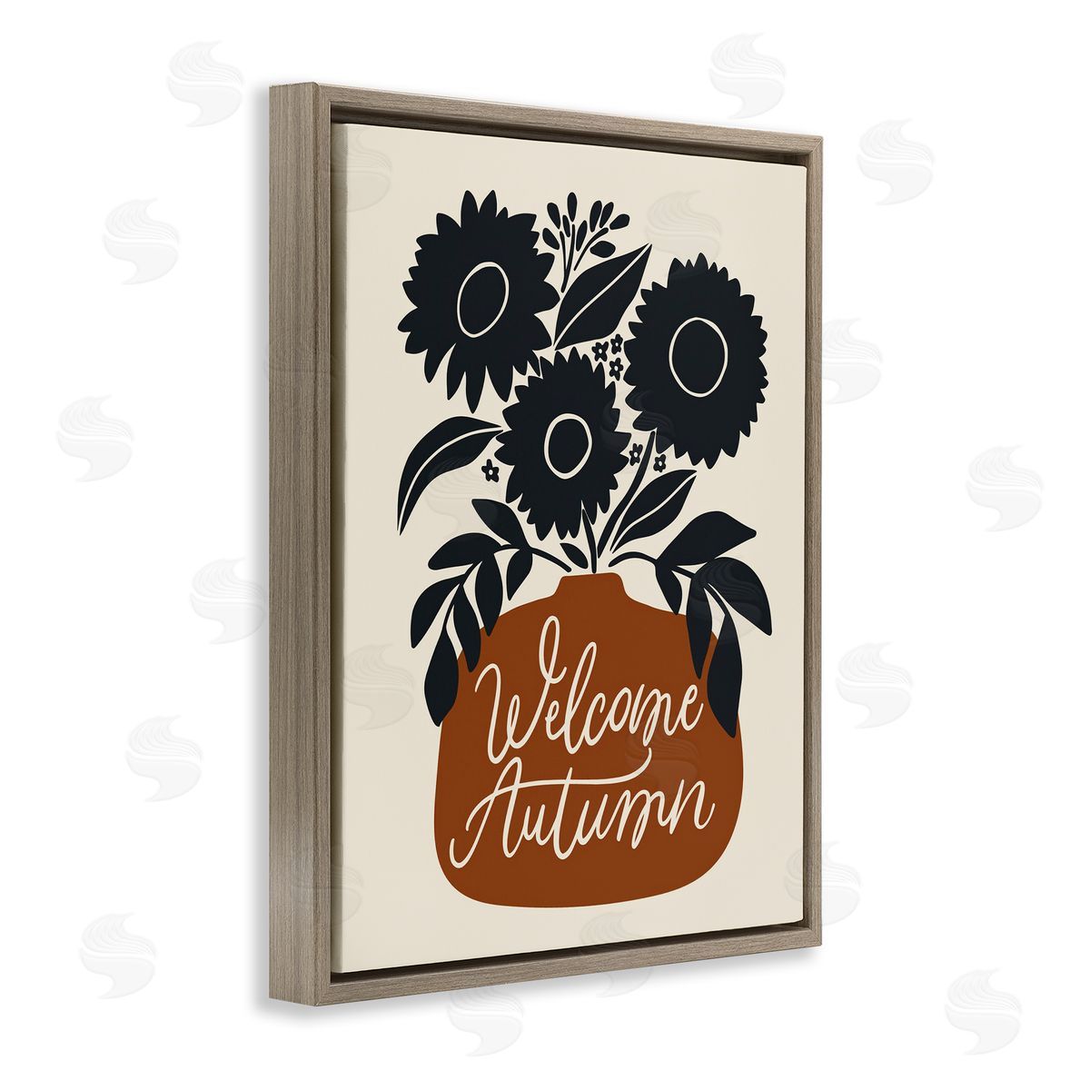 Welcome Autumn Earthy Blooms Brown Floating Frame Canvas Wall Art, Home Decor by Doodles.Ink.