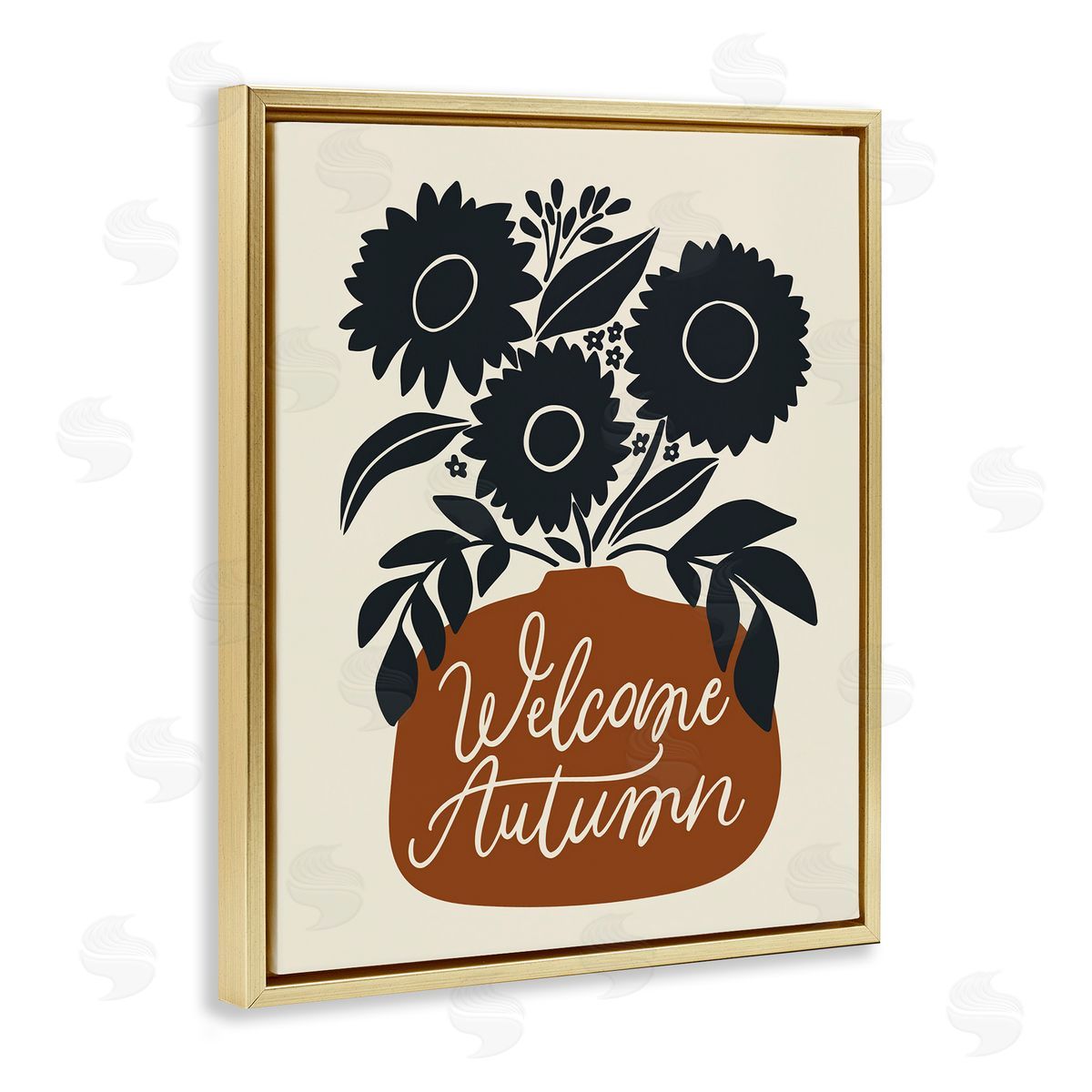 Welcome Autumn Earthy Blooms Gold Floating Frame Canvas Wall Art, Home Decor by Doodles.Ink.