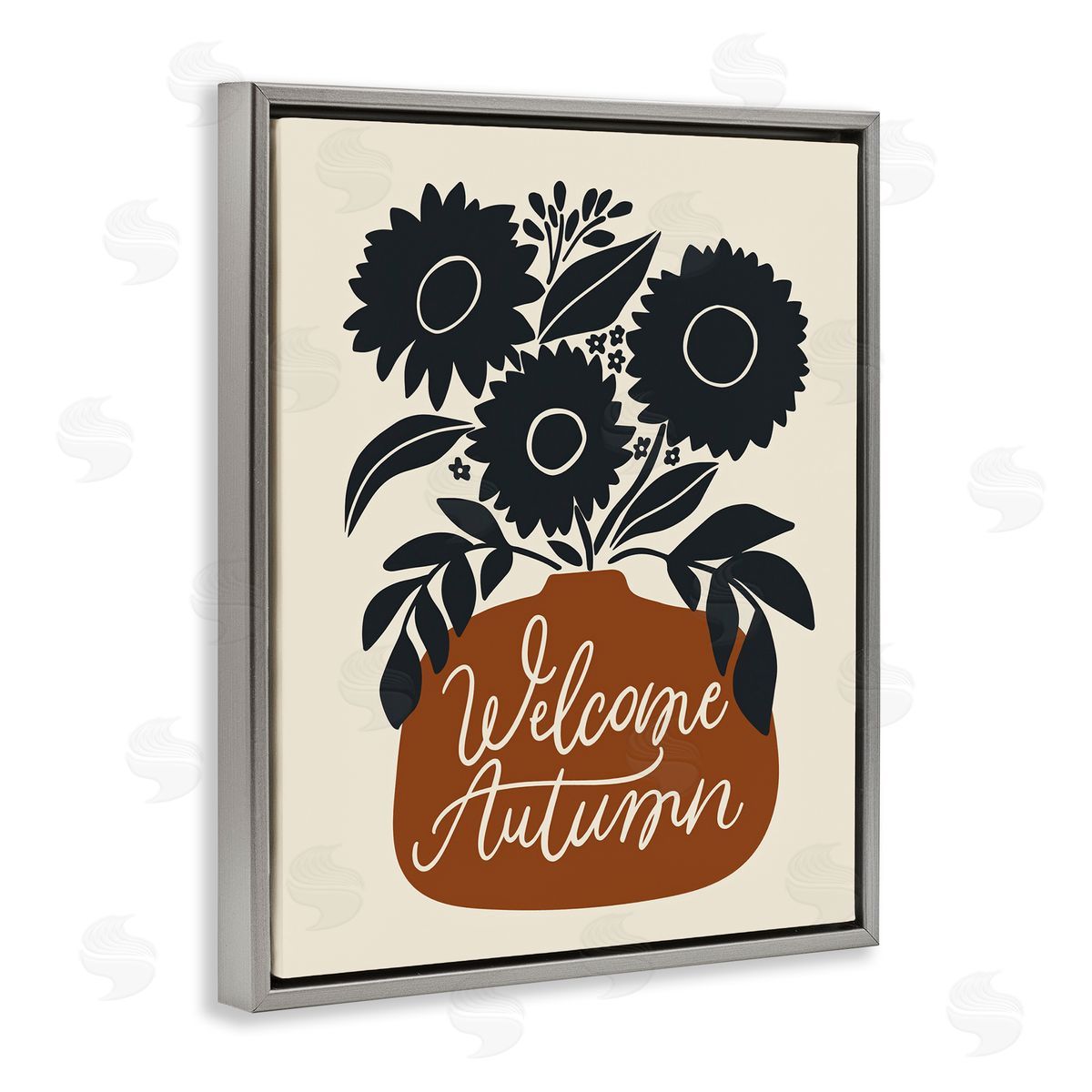 Welcome Autumn Earthy Blooms Grey Floating Frame Canvas Wall Art, Home Decor by Doodles.Ink.