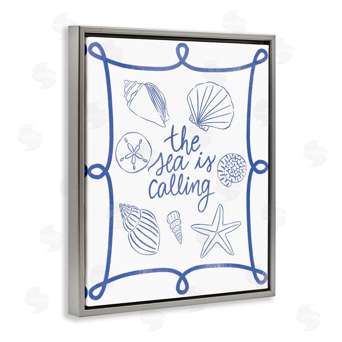 Sea Is Calling with Shells Grey Floating Frame Canvas Wall Art, Home Decor by Taylor Shannon Designs