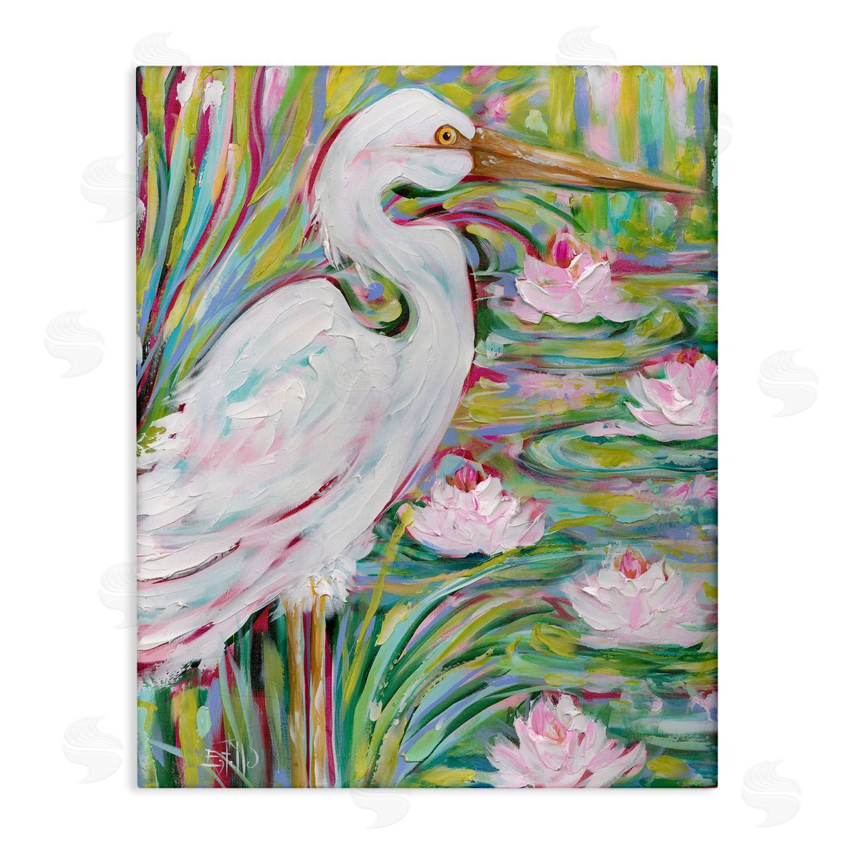 Great White Egret & Lotus Canvas Wall Art, Home Decor by Estelle Grengs