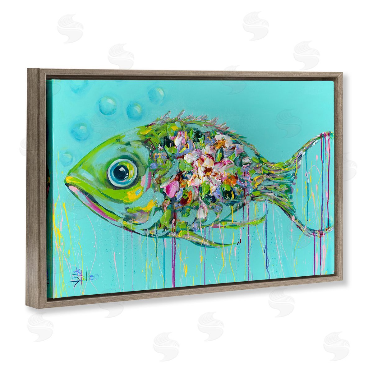 Painterly Drip Fish Brown Floating Frame Canvas Wall Art, Home Decor by Estelle Grengs