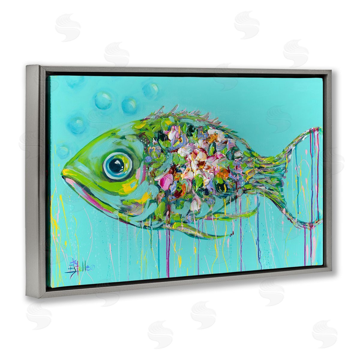 Painterly Drip Fish Grey Floating Frame Canvas Wall Art, Home Decor by Estelle Grengs