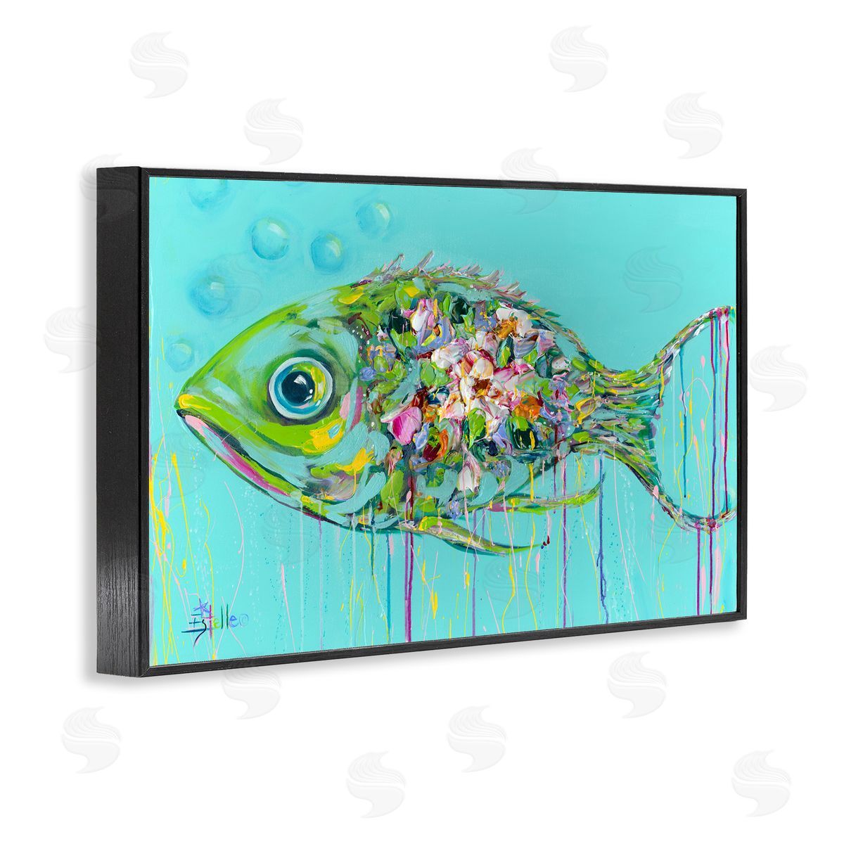 Painterly Drip Fish Black Frame Print Wall Art, Home Decor by Estelle Grengs