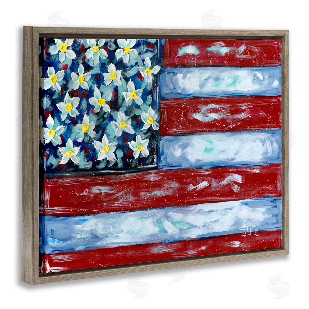 Flower Stars & Stripes Flag Brown Floating Frame Canvas Wall Art, Home Decor by Estelle Grengs