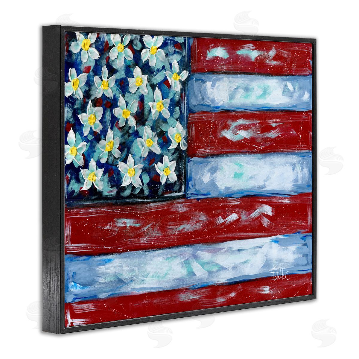 Flower Stars & Stripes Flag Black Frame Print Wall Art, Home Decor by Estelle Grengs