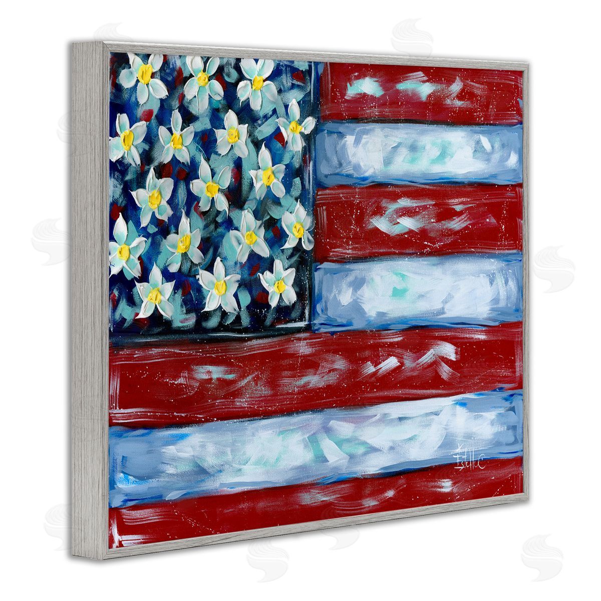 Flower Stars & Stripes Flag Grey Frame Print Wall Art, Home Decor by Estelle Grengs