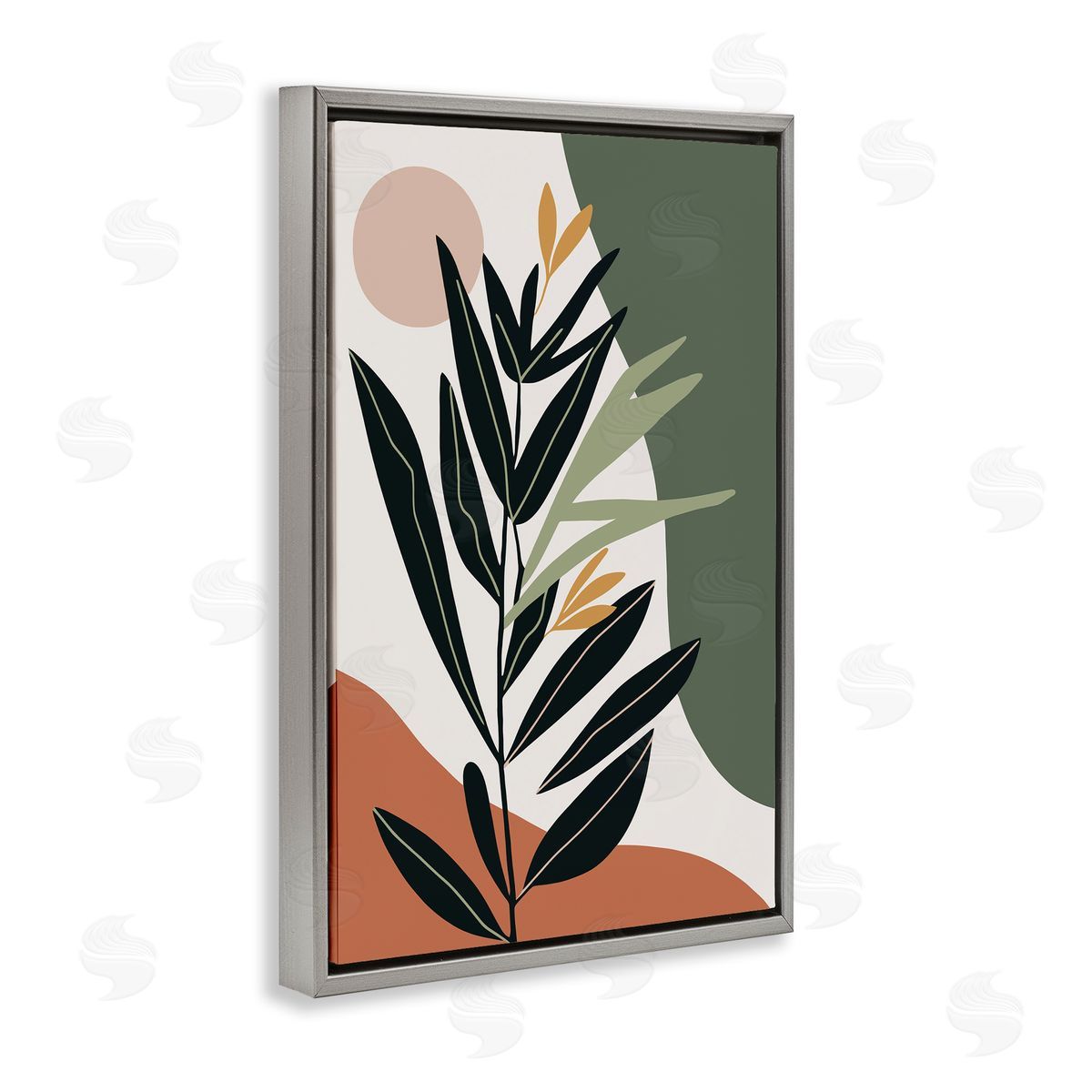 Earthy Tropical Foliage Grey Floating Frame Canvas Wall Art, Home Decor by LSR Design Studio