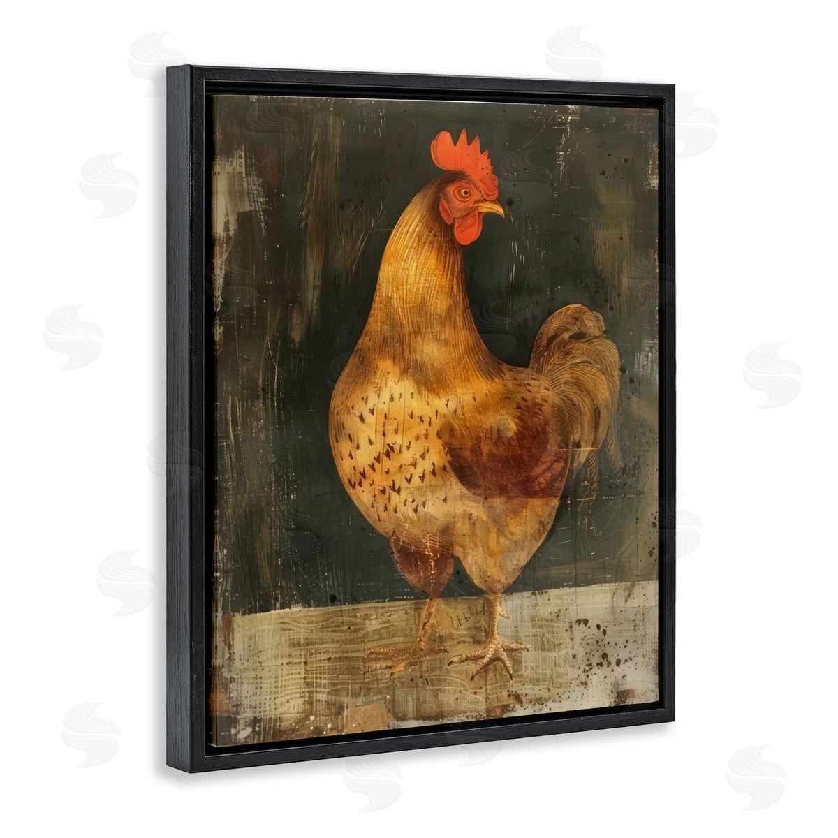 Chicken on Rustic Background Black Floating Frame Canvas Wall Art, Home Decor by LSR Design Studio