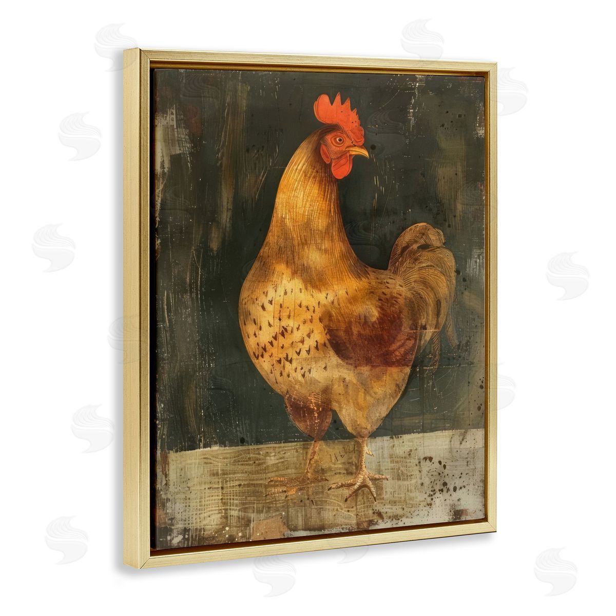 Chicken on Rustic Background Gold Floating Frame Canvas Wall Art, Home Decor by LSR Design Studio