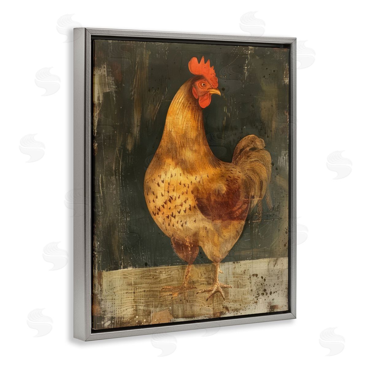 Chicken on Rustic Background Grey Floating Frame Canvas Wall Art, Home Decor by LSR Design Studio