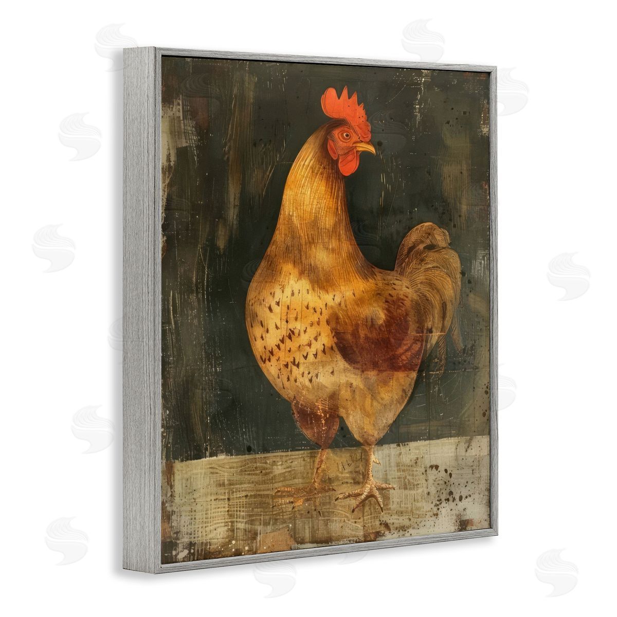 Chicken on Rustic Background Grey Frame Print Wall Art, Home Decor by LSR Design Studio