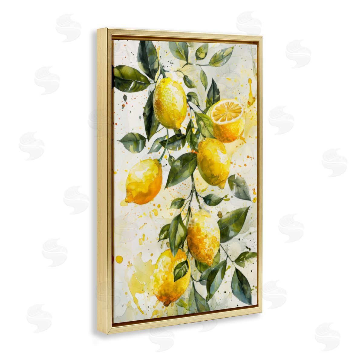 Lemon Watercolor Splashes Gold Floating Frame Canvas Wall Art, Home Decor by LSR Design Studio