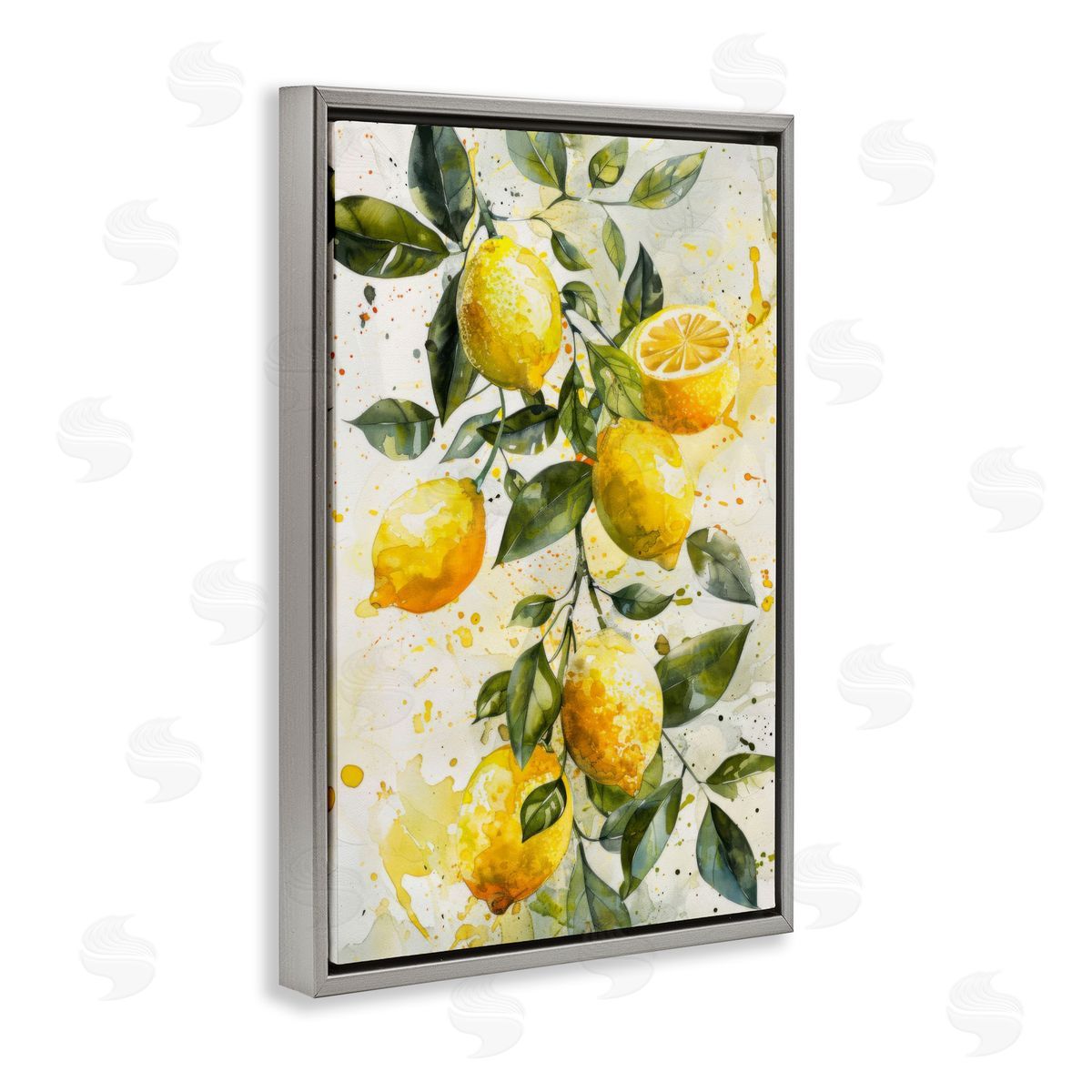 Lemon Watercolor Splashes Grey Floating Frame Canvas Wall Art, Home Decor by LSR Design Studio