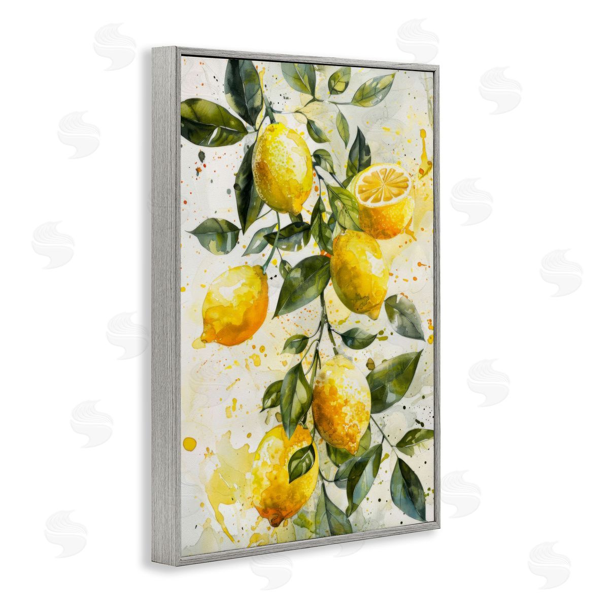 Lemon Watercolor Splashes Grey Frame Print Wall Art, Home Decor by LSR Design Studio