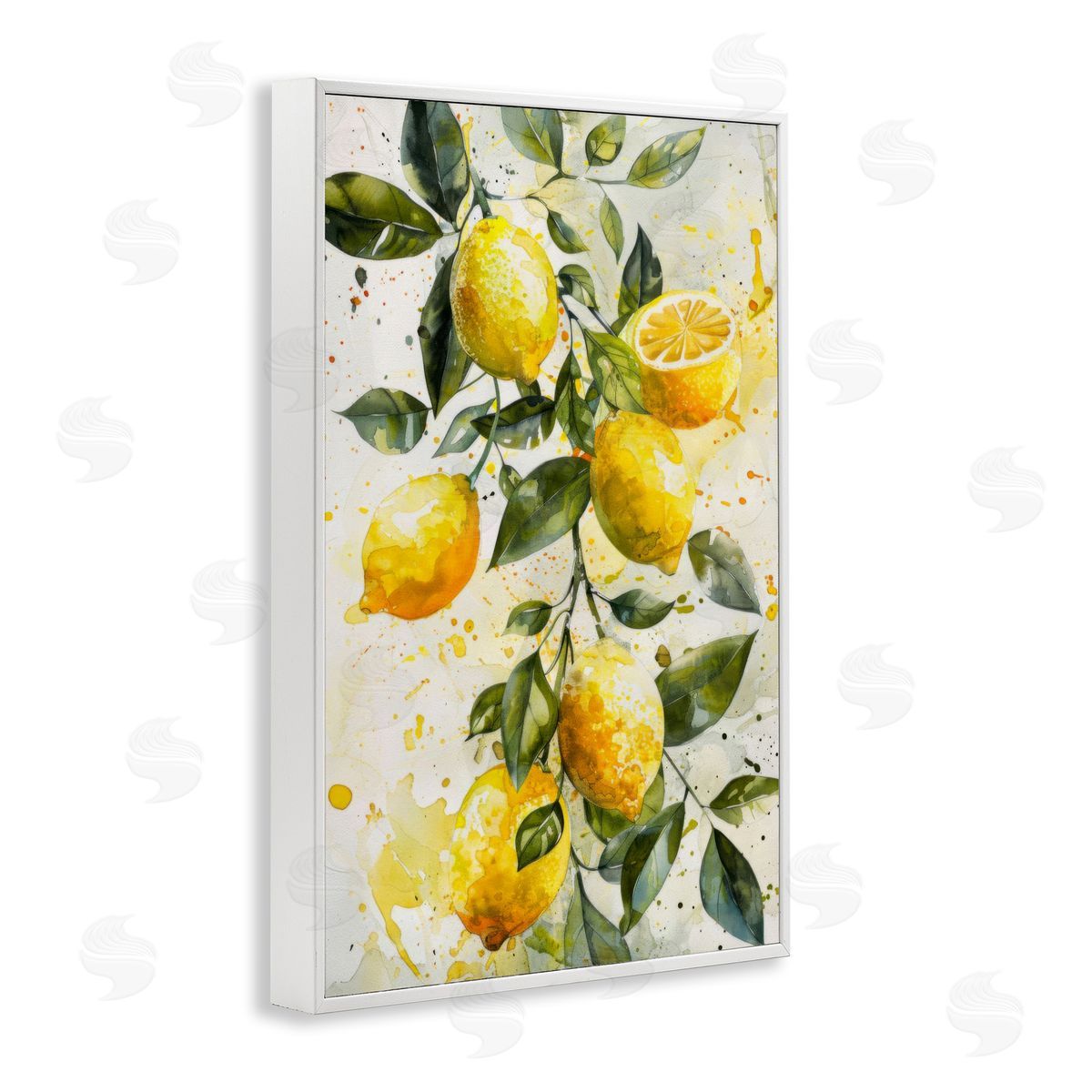 Lemon Watercolor Splashes White Frame Print Wall Art, Home Decor by LSR Design Studio