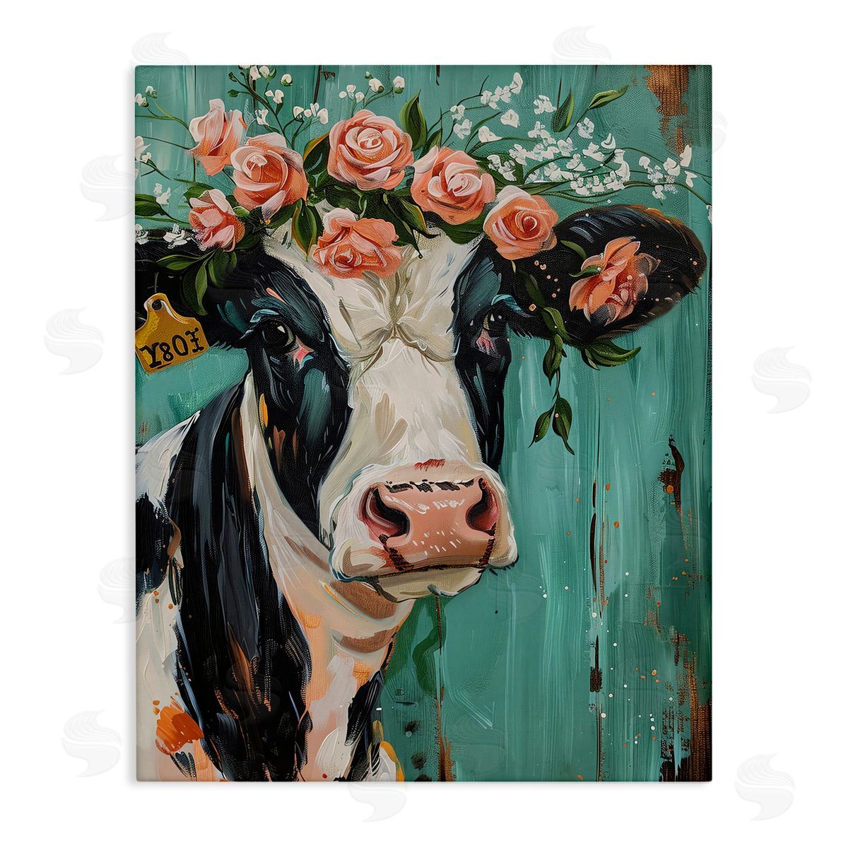 Floral Cow on teal Canvas Wall Art, Home Decor by LSR Design Studio
