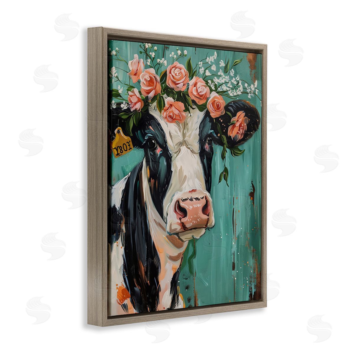 Floral Cow on teal Brown Floating Frame Canvas Wall Art, Home Decor by LSR Design Studio