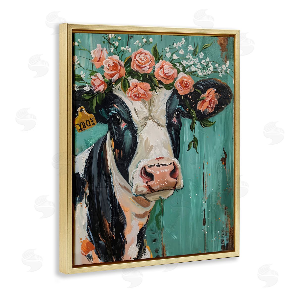 Floral Cow on teal Gold Floating Frame Canvas Wall Art, Home Decor by LSR Design Studio