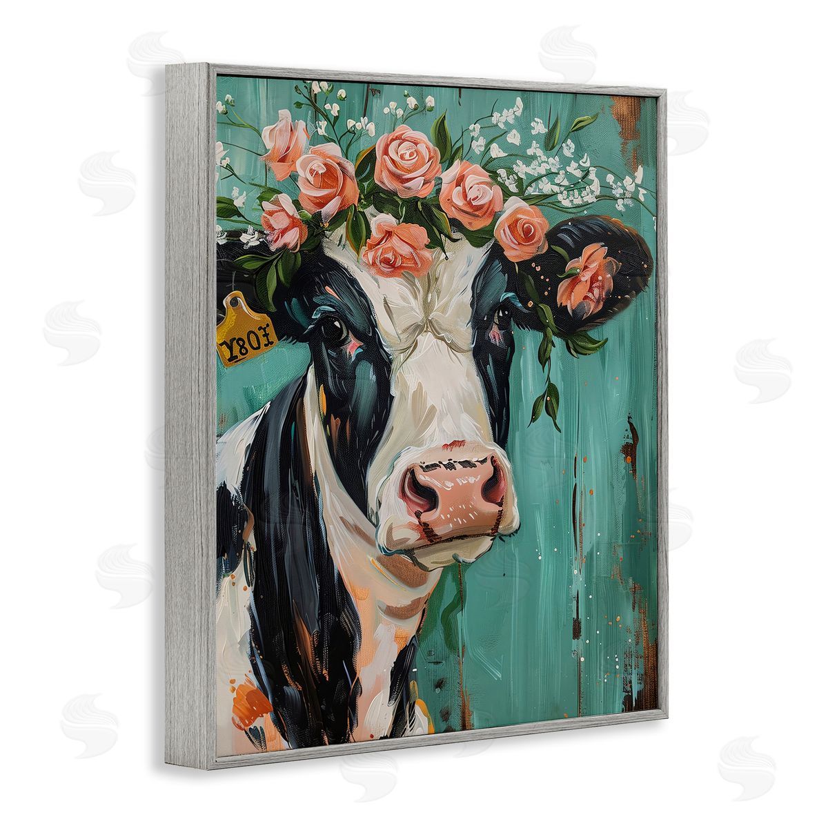 Floral Cow on teal Grey Frame Print Wall Art, Home Decor by LSR Design Studio