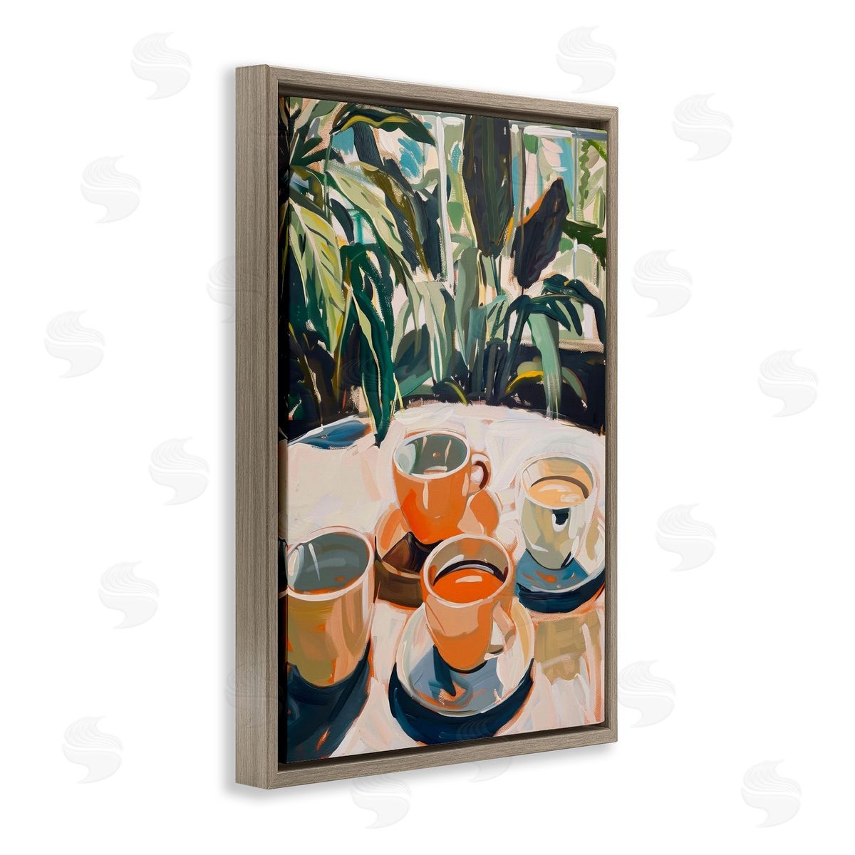 Coffee Time Among Plants Brown Floating Frame Canvas Wall Art, Home Decor by LSR Design Studio