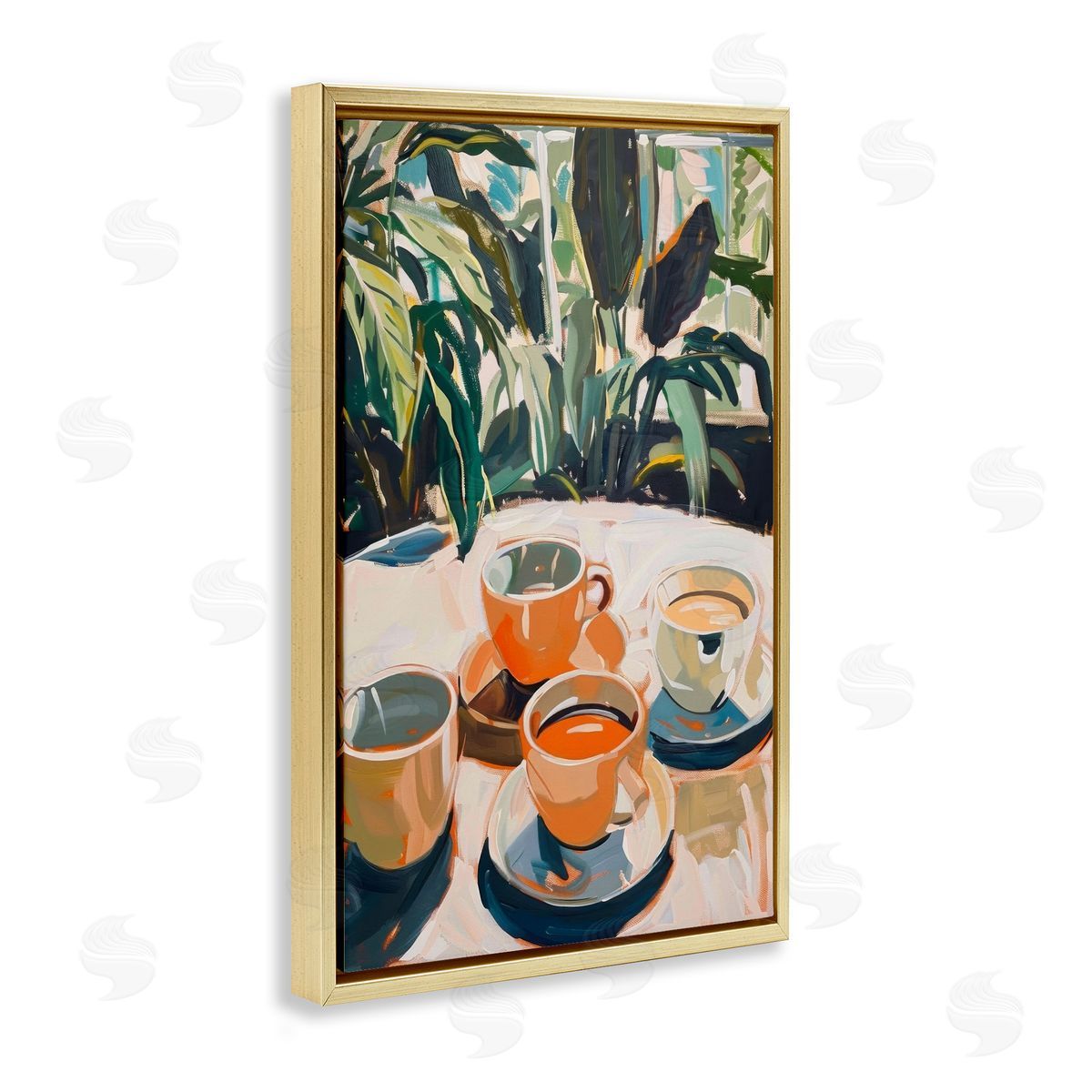 Coffee Time Among Plants Gold Floating Frame Canvas Wall Art, Home Decor by LSR Design Studio