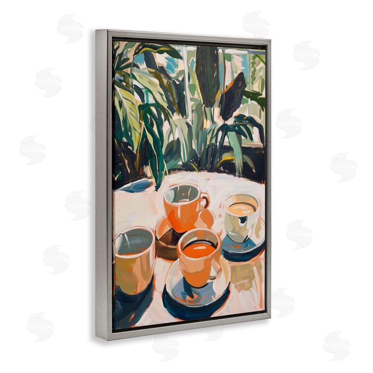 Coffee Time Among Plants Grey Floating Frame Canvas Wall Art, Home Decor by LSR Design Studio
