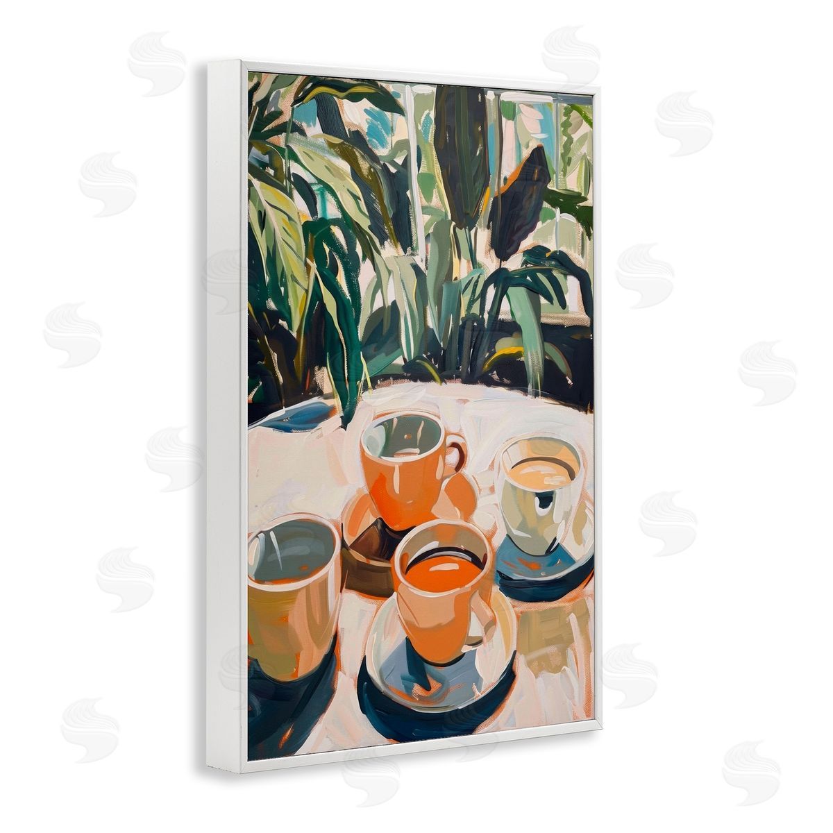 Coffee Time Among Plants White Frame Print Wall Art, Home Decor by LSR Design Studio
