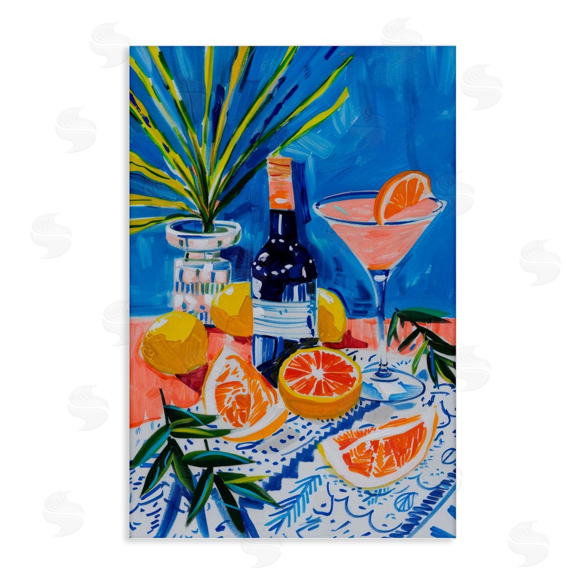 Wine Bottle & Citrus Canvas Wall Art, Home Decor by LSR Design Studio