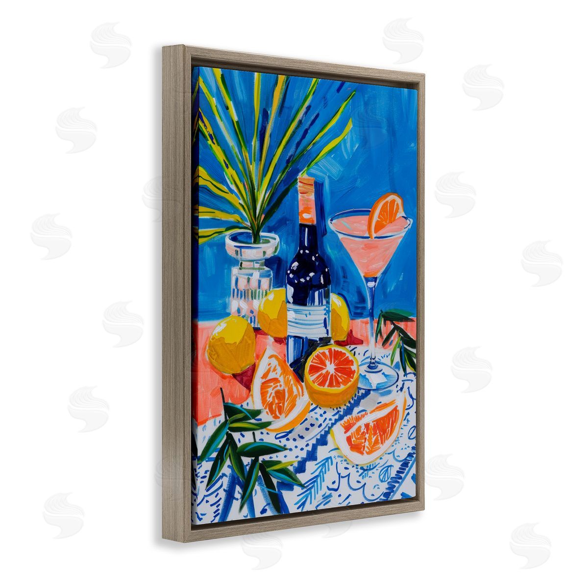 Wine Bottle & Citrus Brown Floating Frame Canvas Wall Art, Home Decor by LSR Design Studio
