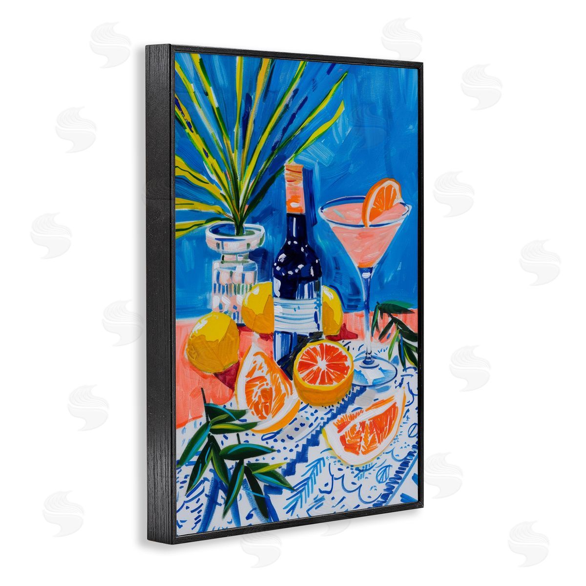 Wine Bottle & Citrus Black Frame Print Wall Art, Home Decor by LSR Design Studio