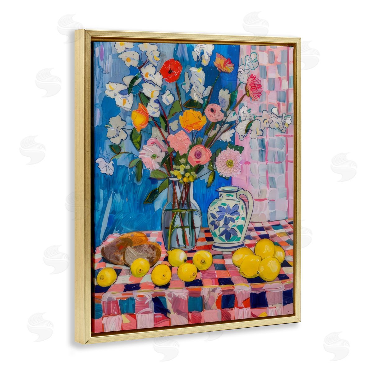 Florals & Lemons Whimsy Gold Floating Frame Canvas Wall Art, Home Decor by LSR Design Studio