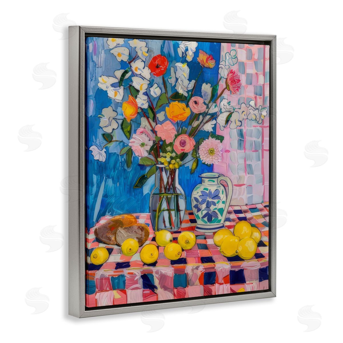 Florals & Lemons Whimsy Grey Floating Frame Canvas Wall Art, Home Decor by LSR Design Studio
