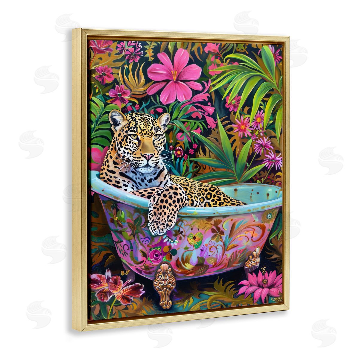 Tropical Rainforest Leopard Tub Gold Floating Frame Canvas Wall Art, Home Decor by LSR Design Studio