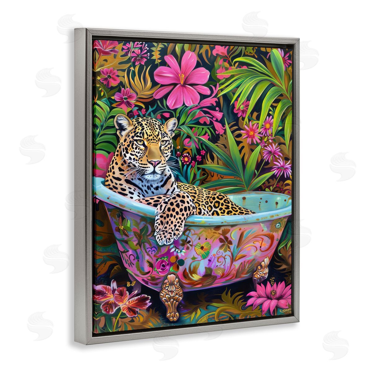 Tropical Rainforest Leopard Tub Grey Floating Frame Canvas Wall Art, Home Decor by LSR Design Studio