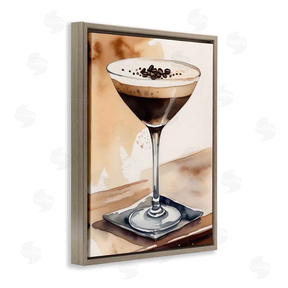 Espresso Martini Watercolor Brown Floating Frame Canvas Wall Art, Home Decor by LSR Design Studio