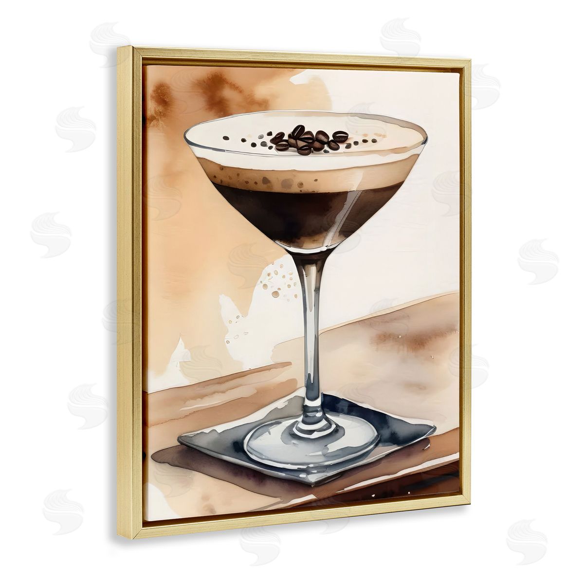 Espresso Martini Watercolor Gold Floating Frame Canvas Wall Art, Home Decor by LSR Design Studio