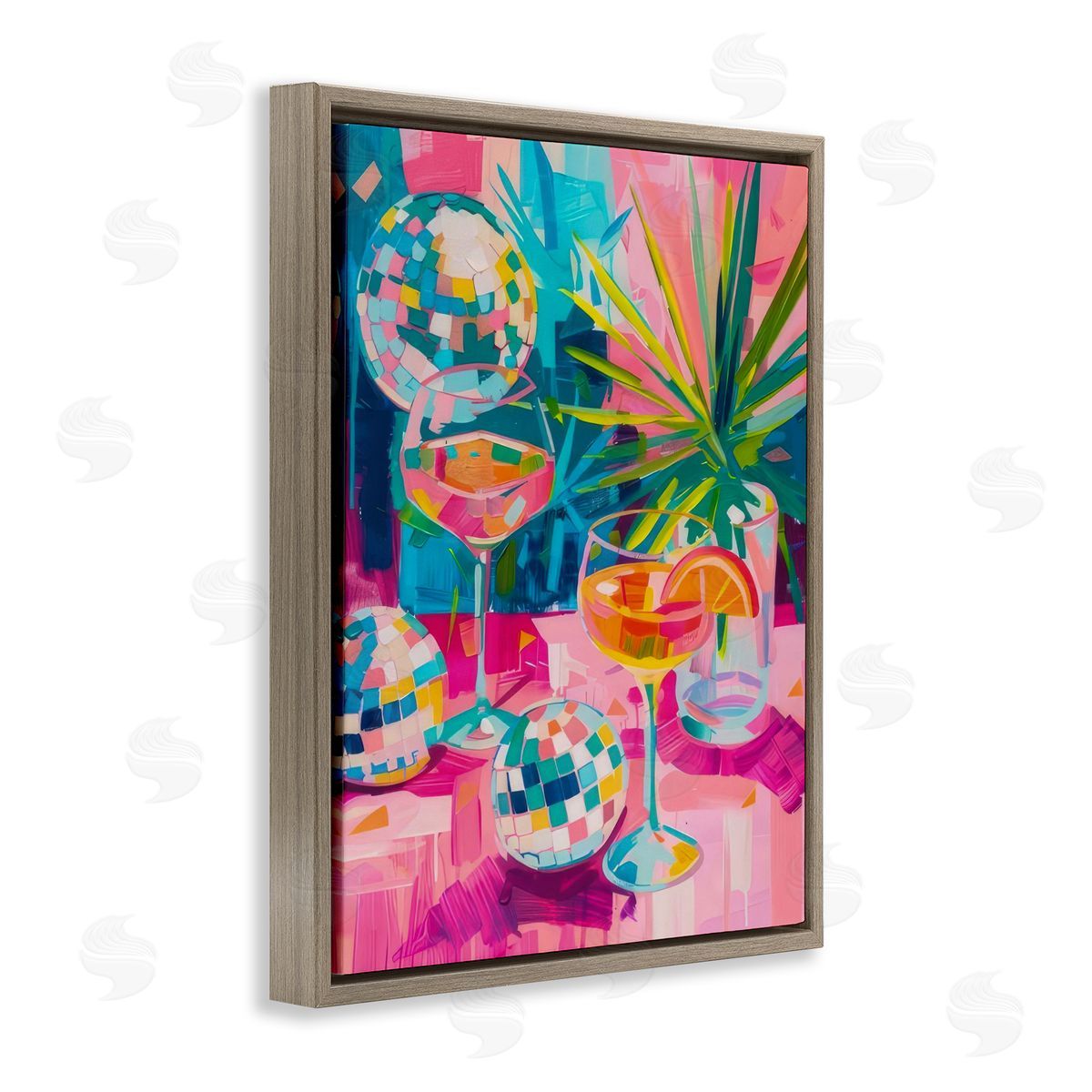 Dazzling Disco Cocktails Brown Floating Frame Canvas Wall Art, Home Decor by LSR Design Studio